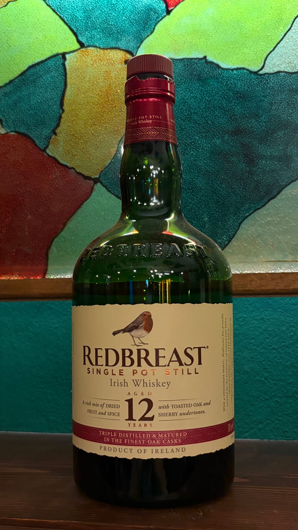 A bottle of Redbreast 12 single pot still Irish whiskey on our bar