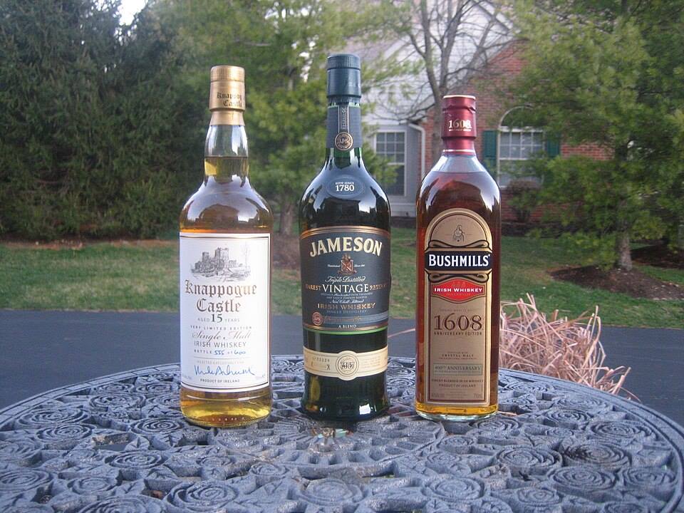 Bottles of Knappogue Castle, Jameson and Bushmills Irish whiskey